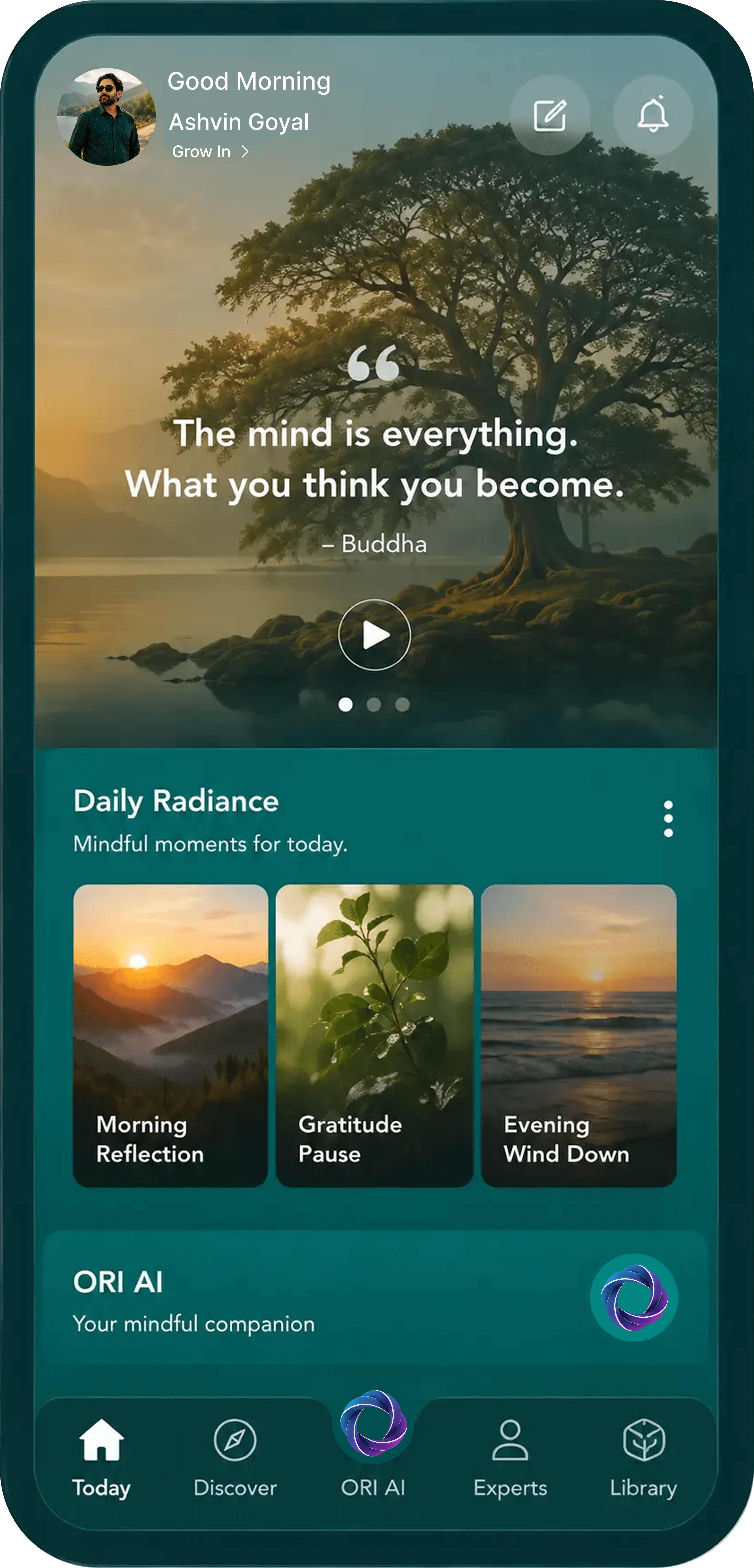 GoodThought Mobile App Home Screen interface with daily reflections and mindful exercises