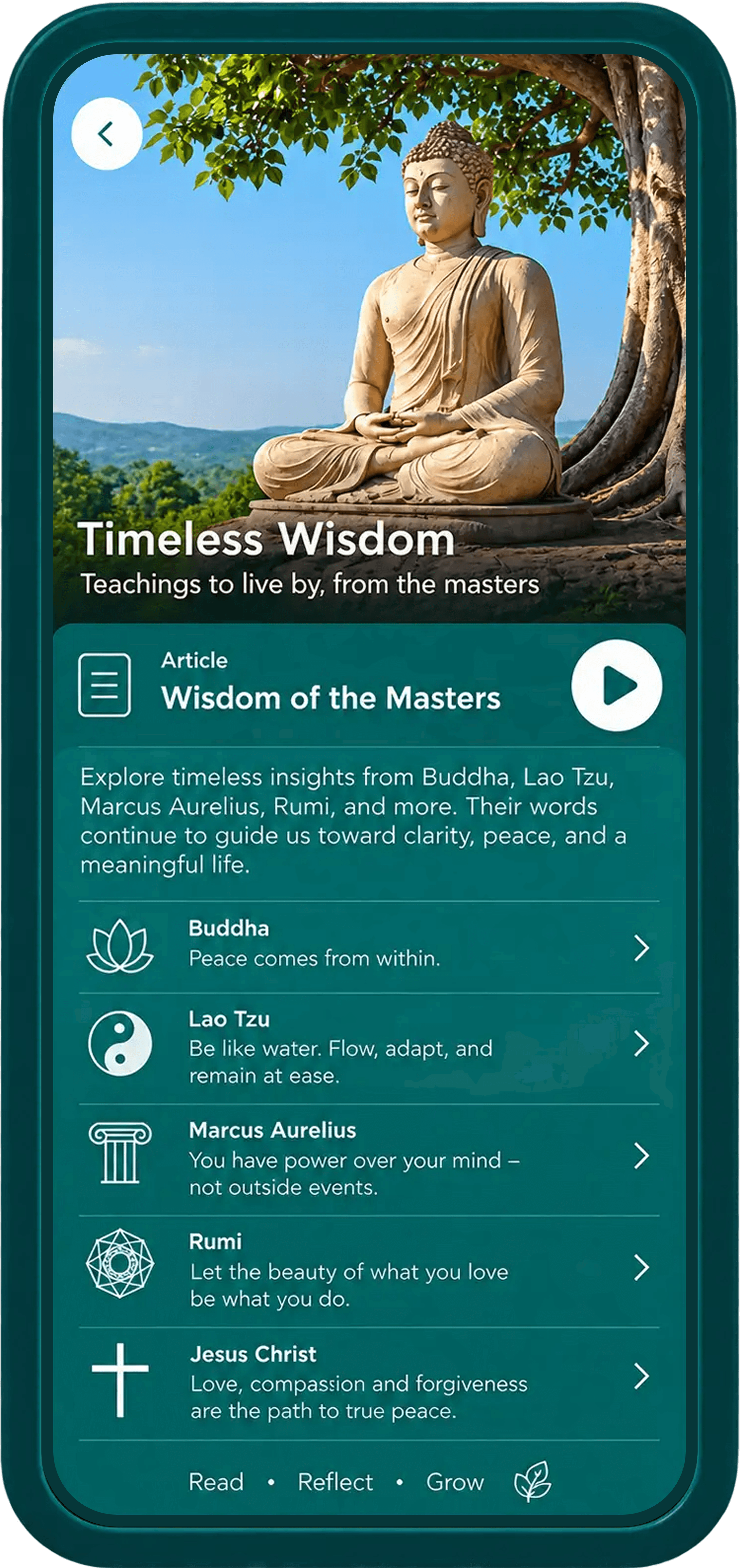 GoodThought Mobile App Themes and Soundscapes selection interface